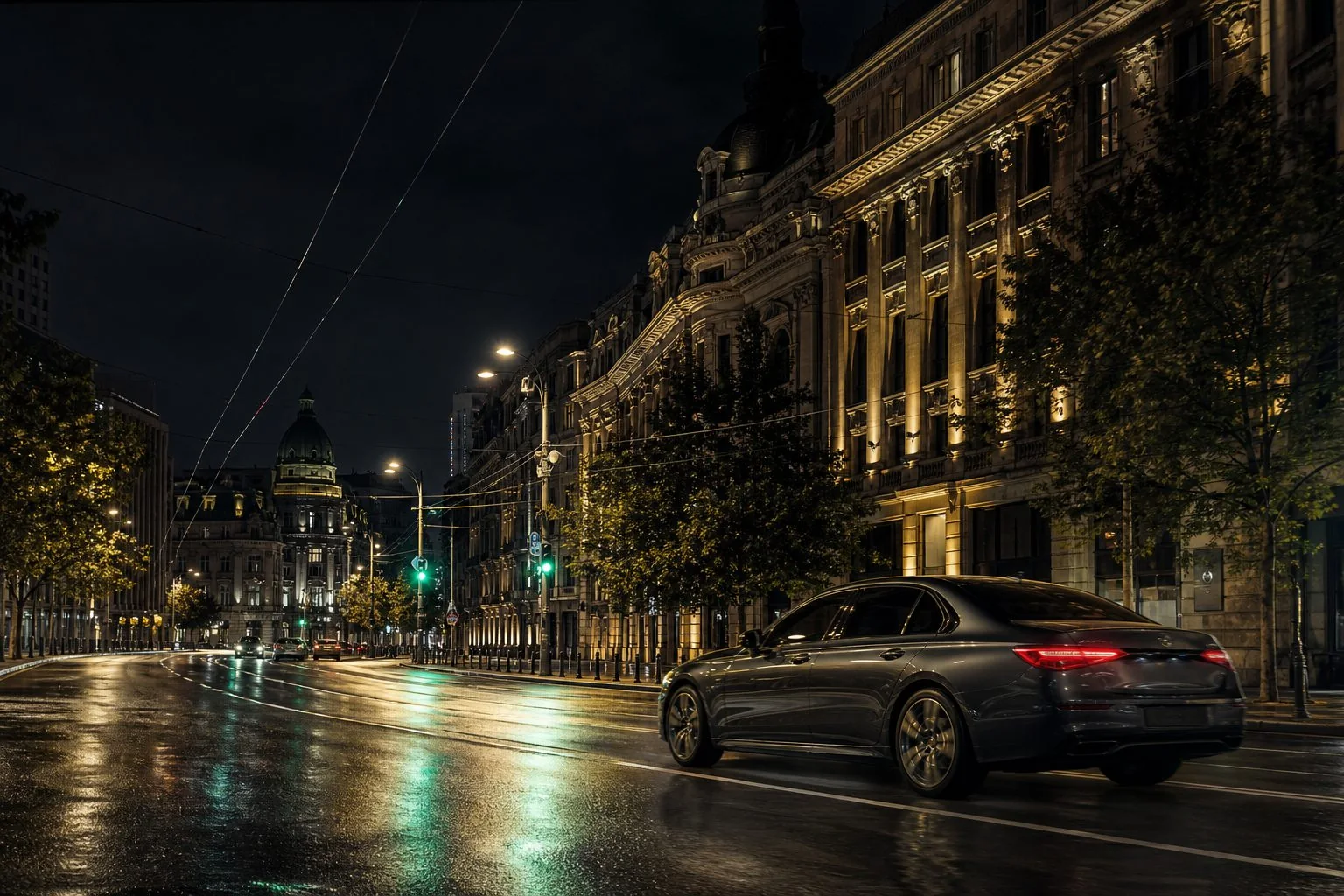 Bulevard din București, noaptea, după ploaie