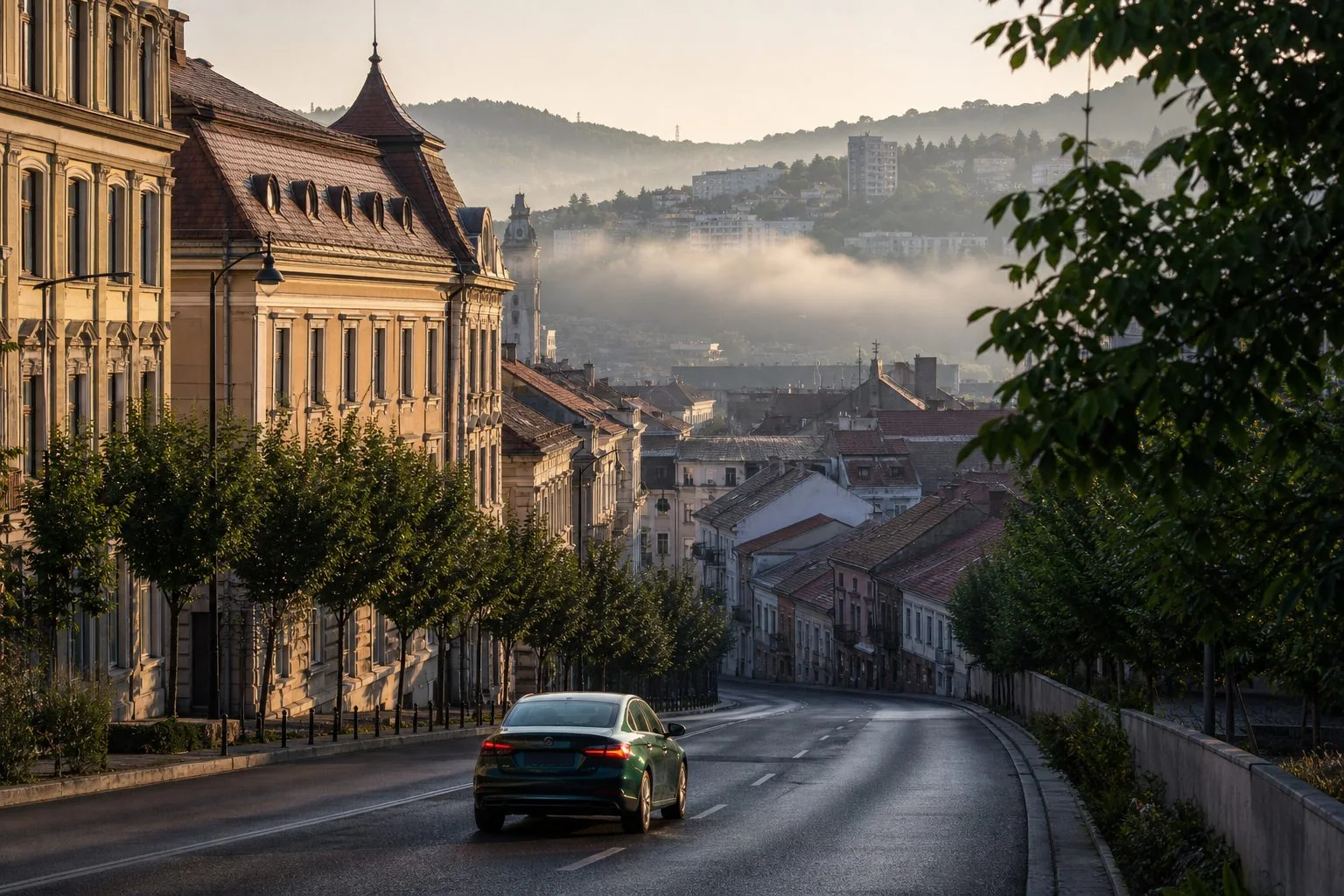 Stradă în pantă din Cluj-Napoca, dimineața