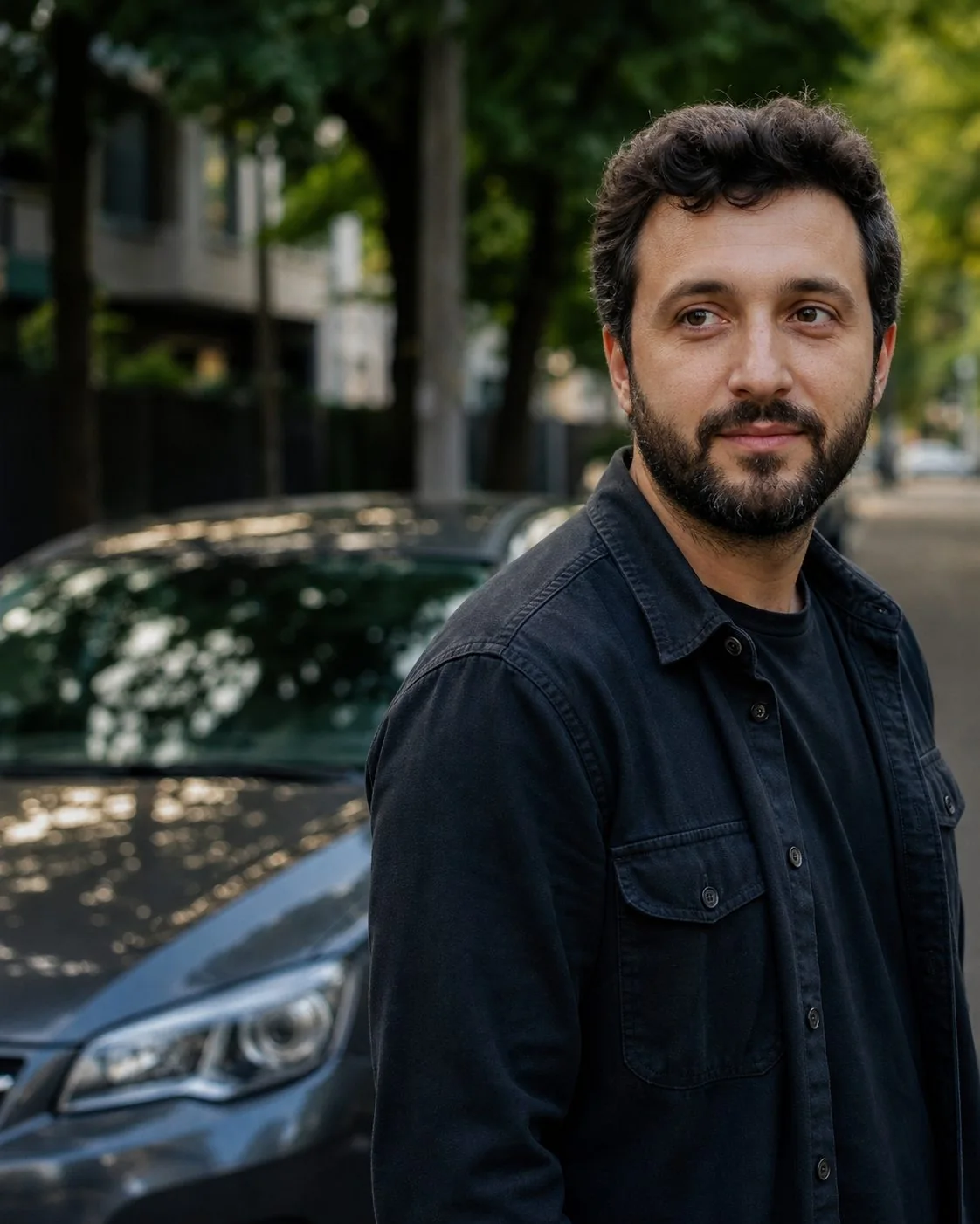 Portret ilustrativ al unui șofer lângă mașină
